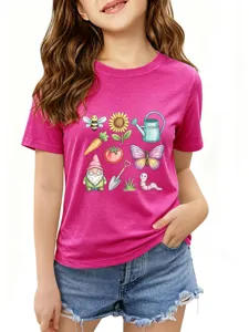 Cute garden cartoon graphic print pink round neck short sleeve kids t-shirt daily wear