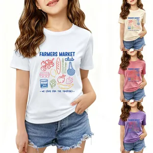 Cute kids short sleeve t-shirt with farmers market graphic print, soft casual wear for girls.