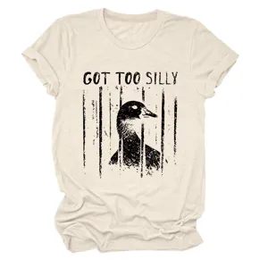 Close-up detail view of casual women graphic t-shirt with funny duck print and text.