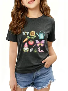 Cute garden cartoon print short sleeve t-shirt for kids, comfortable round neck casual summer top.