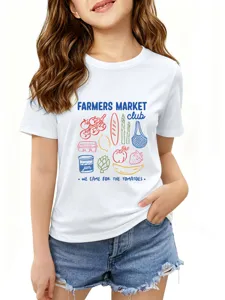 Detailed view of the cute kids graphic t-shirt featuring farmers market food prints.