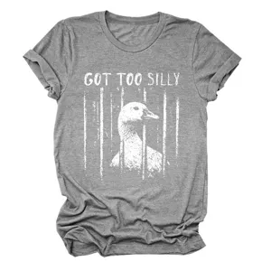 Detailed view of grey short sleeve T-shirt with funny goose graphic print and rolled sleeves.