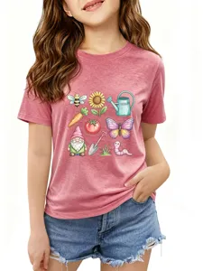 Detail shot of the cute garden gnome and sunflower print on the soft pink short sleeve t-shirt.