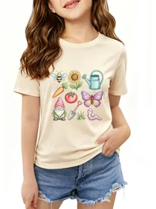 Cute gardening cartoon print short sleeve t-shirt detail showing vibrant cute elements.