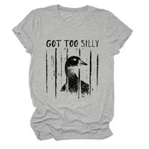 Women's casual short sleeve t-shirt featuring a funny caged duck graphic and text print.