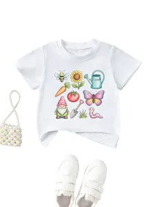 Detailed view of the cute garden print kids white t-shirt, showing vibrant cartoon patterns.