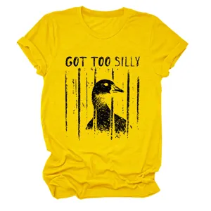 Casual yellow women short sleeve t-shirt featuring funny silly goose print graphic top.