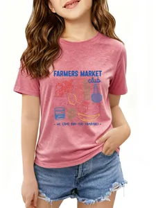 Details of the cute kids short sleeve graphic t-shirt featuring a farmers market design.