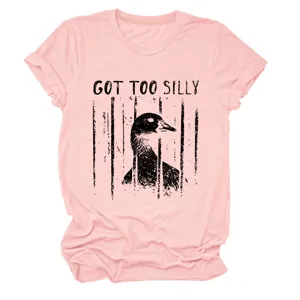 Pink casual women short sleeve tee detail, funny caged duck graphic print, crew neck style.
