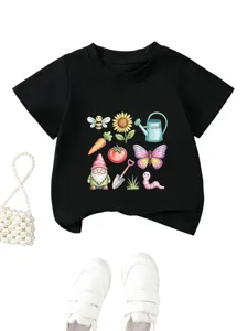 Cute kids graphic t-shirt featuring fun garden elements print, comfortable round neck short sleeve top.