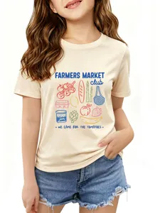 Detail closeup of beige short sleeve crewneck t-shirt with cute farmers market food print.