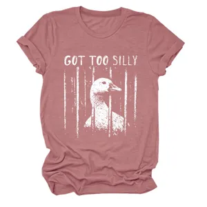 Casual women graphic tee shirt featuring funny cute goose in prison bars design short sleeve top.