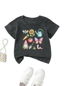 Cute garden cartoon print detail on dark gray toddler short sleeve crewneck t-shirt fabric.