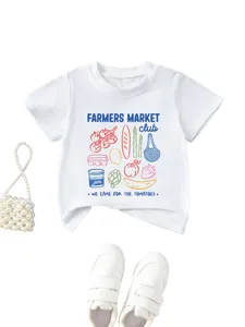 Kids white short sleeve t-shirt with cute farmers market club graphic print detail.