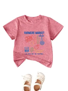 Kids casual cotton short sleeve t-shirt with cute farmers market graphics detail view