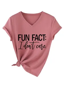 Maglietta casual rosa da donna con scollo a V e maniche corte con stampa divertente e nodo.