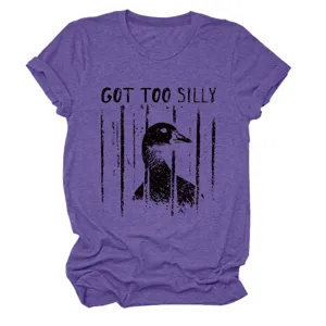 Casual purple women short sleeve t-shirt featuring funny duck graphic print, comfortable daily wear.