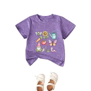 Cute kids purple short sleeve t-shirt featuring fun garden gnome and floral print, soft fabric.