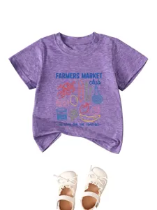 Cute kids purple short sleeve t-shirt with farmers market graphic and cute shoes.