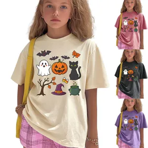 T-shirt graphique Halloween fantôme citrouille chat pour enfants col rond manches courtes.