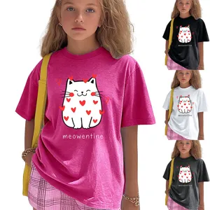 Cute cat print short sleeve t-shirt for kids, comfortable round neck casual summer top.