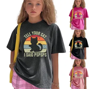 Kids loose short sleeve T-shirt with cute vintage cat graphic and funny text design.