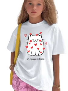 Detailed view of kids white short sleeve t-shirt featuring cute cat graphic and heart print.