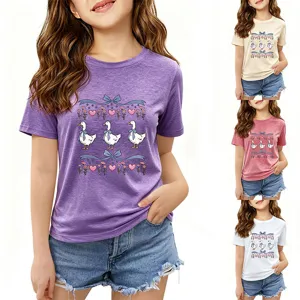 Cute kids short sleeve t-shirt with lovely ducks bow and heart print, casual summer top.