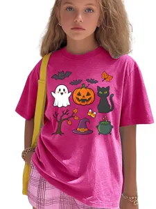 T-shirt graphique d'Halloween pour enfants haut rose à manches courtes motif fantôme.