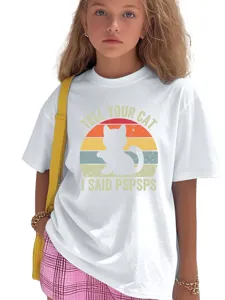 Cute kids short sleeve t-shirt with funny cat graphic, casual loose fit white tee.