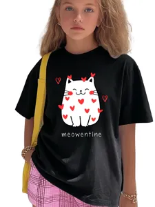 Close up view of cute cat heart print on black kids short sleeve t-shirt, casual daily style.