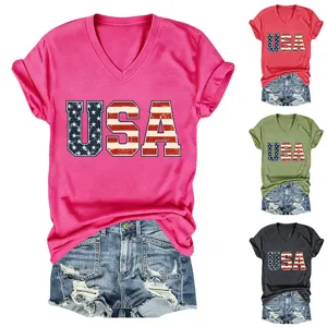 Mujer casual cuello V manga corta camiseta estampado bandera USA top camiseta