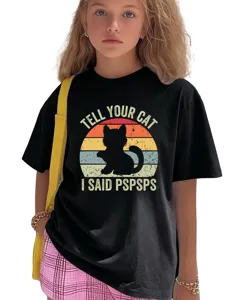 Kids black graphic t-shirt casual short sleeve summer cute cat letter print top apparel