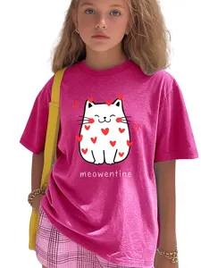 Cute kids cat graphic t-shirt, pink short sleeve crewneck top with sweet heart print for girls.