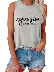 Casual dames grijs mouwloos tanktop met stijlvolle briefprint en comfortabele relaxte pasvorm.