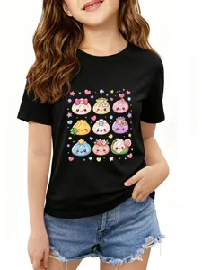 Cute kawaii dumpling graphic short sleeve black t-shirt for kids daily casual wear tops