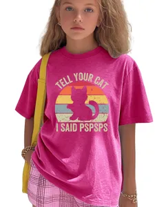 Detail view of the cute funny cat graphic short sleeve t-shirt in bright pink for kids.