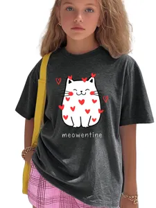 Cute cat print short sleeve t-shirt for kids, comfortable casual round neck graphic tee top.