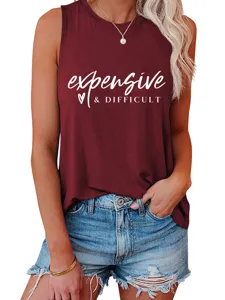 Dames casual losse mouwloze tanktop zomer basic effen kleur top met grafische letter.