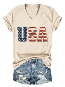 Vista detallada de camiseta casual de mujer cuello V con estampado USA y mangas cortas.