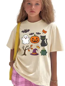T-shirt enfant motif fantôme citrouille Halloween, haut beige décontracté col rond manches.