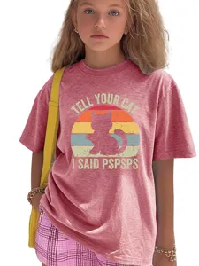 Cute funny kids short sleeve t-shirt featuring cat print, comfortable loose casual cotton top.