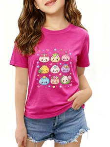 Pink short sleeve t-shirt featuring cute kawaii dumplings graphic for kids casual daily wear.