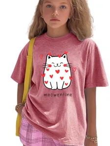 Cute kids pink short sleeve t-shirt with lovely cat hearts graphic meowentine top.
