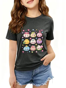 Cute cartoon baozi graphic dark grey short sleeve t-shirt for casual everyday fashion.