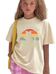 Casual cute kids short sleeve t-shirt with funny cat graphic print, comfortable daily wear.
