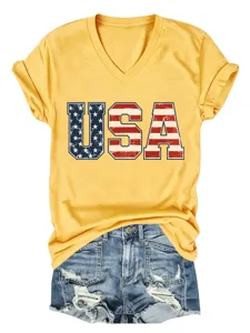 Camiseta casual de mujer cuello V manga corta con letra bandera USA y pantalones cortos.