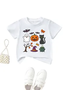 T-shirt Halloween enfant blanc manches courtes fantôme citrouille chat noir haut
