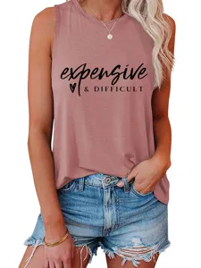 Dames casual mouwloze top met letterprint, comfortabele zomermode basic kleding detail.