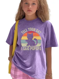 Kids graphic t-shirt cute cat print casual short sleeve tee purple top for children